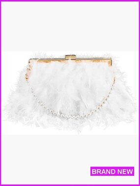Faux Fur Clutch Evening Bag with Pearl and Metal Chain Straps Wedding Party